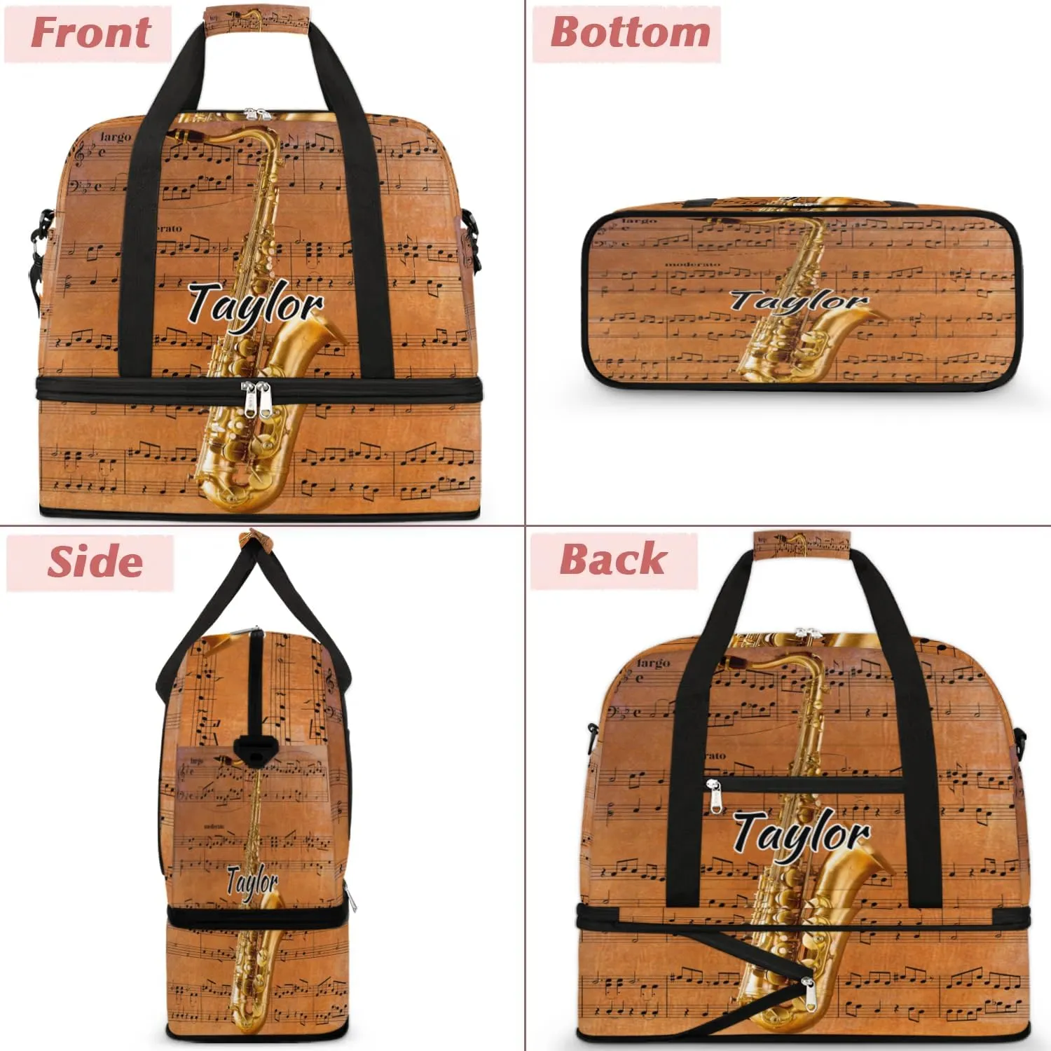 Customized Gym Bag for Women, Personalized Saxophone Travel Duffel Bag with Name, Musical Notes Weekender Overnight Bag with Shoes Compartment for Men Travel Yoga
