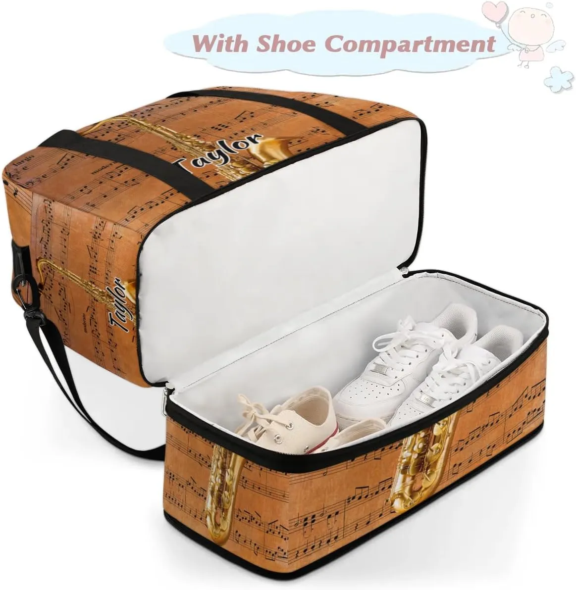 Customized Gym Bag for Women, Personalized Saxophone Travel Duffel Bag with Name, Musical Notes Weekender Overnight Bag with Shoes Compartment for Men Travel Yoga