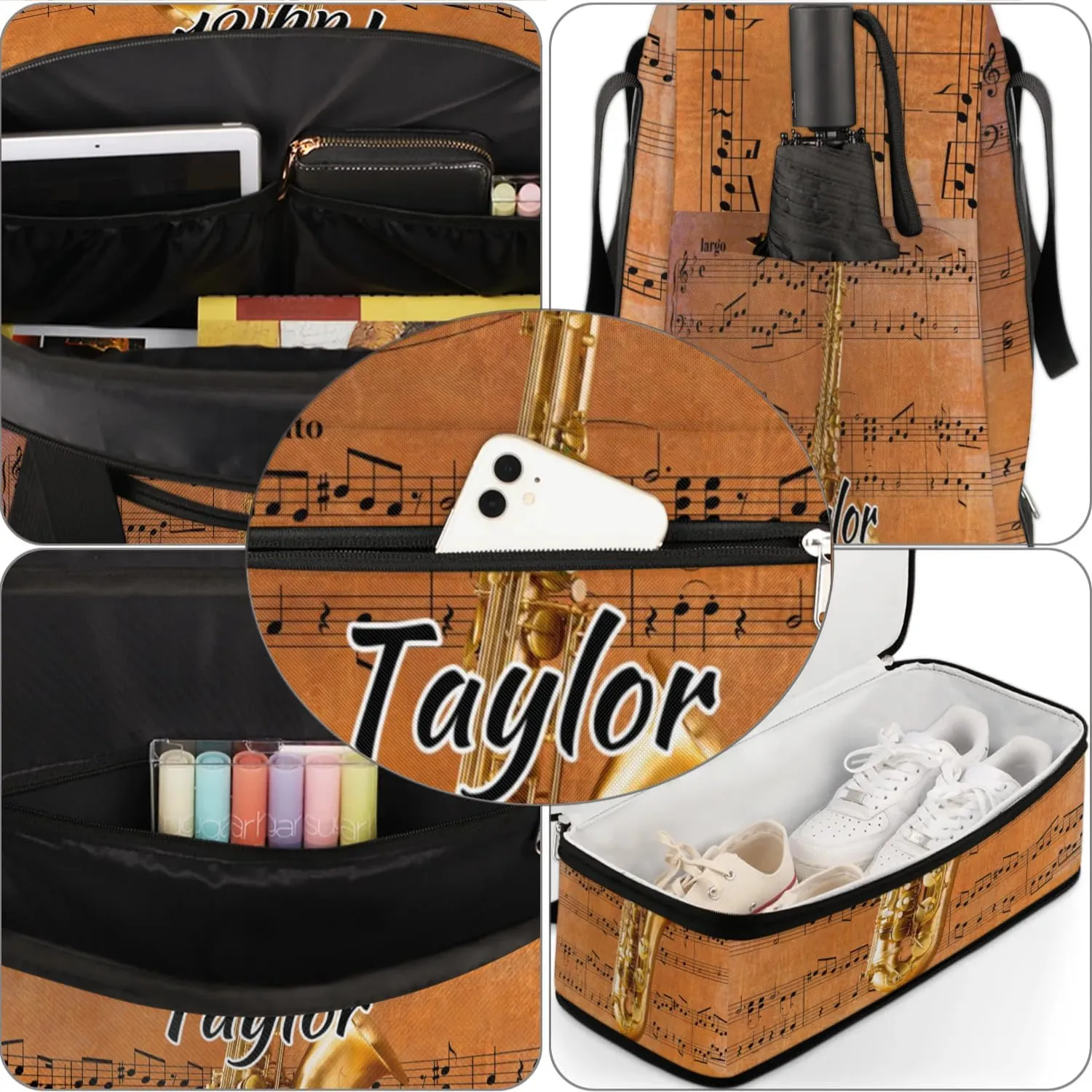 Customized Gym Bag for Women, Personalized Saxophone Travel Duffel Bag with Name, Musical Notes Weekender Overnight Bag with Shoes Compartment for Men Travel Yoga