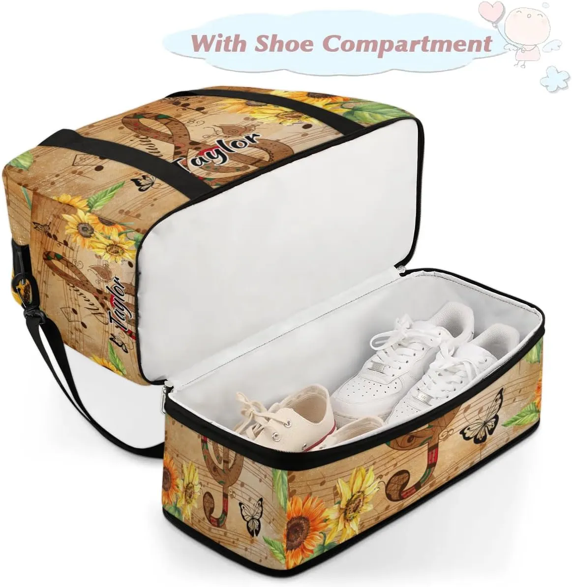 Customized Gym Bag for Women, Personalized Sunflower Travel Duffel Bag with Name, Musical Note Weekender Overnight Bag with Shoes Compartment for Men Travel Yoga