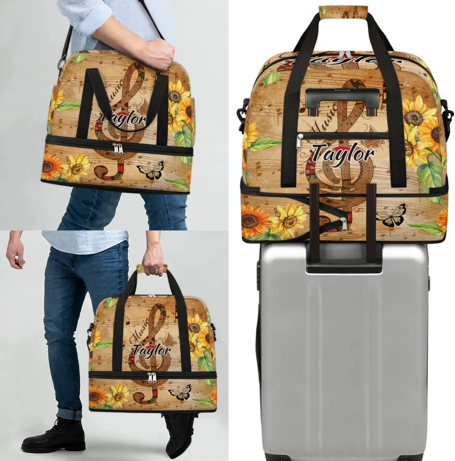Customized Gym Bag for Women, Personalized Sunflower Travel Duffel Bag with Name, Musical Note Weekender Overnight Bag with Shoes Compartment for Men Travel Yoga