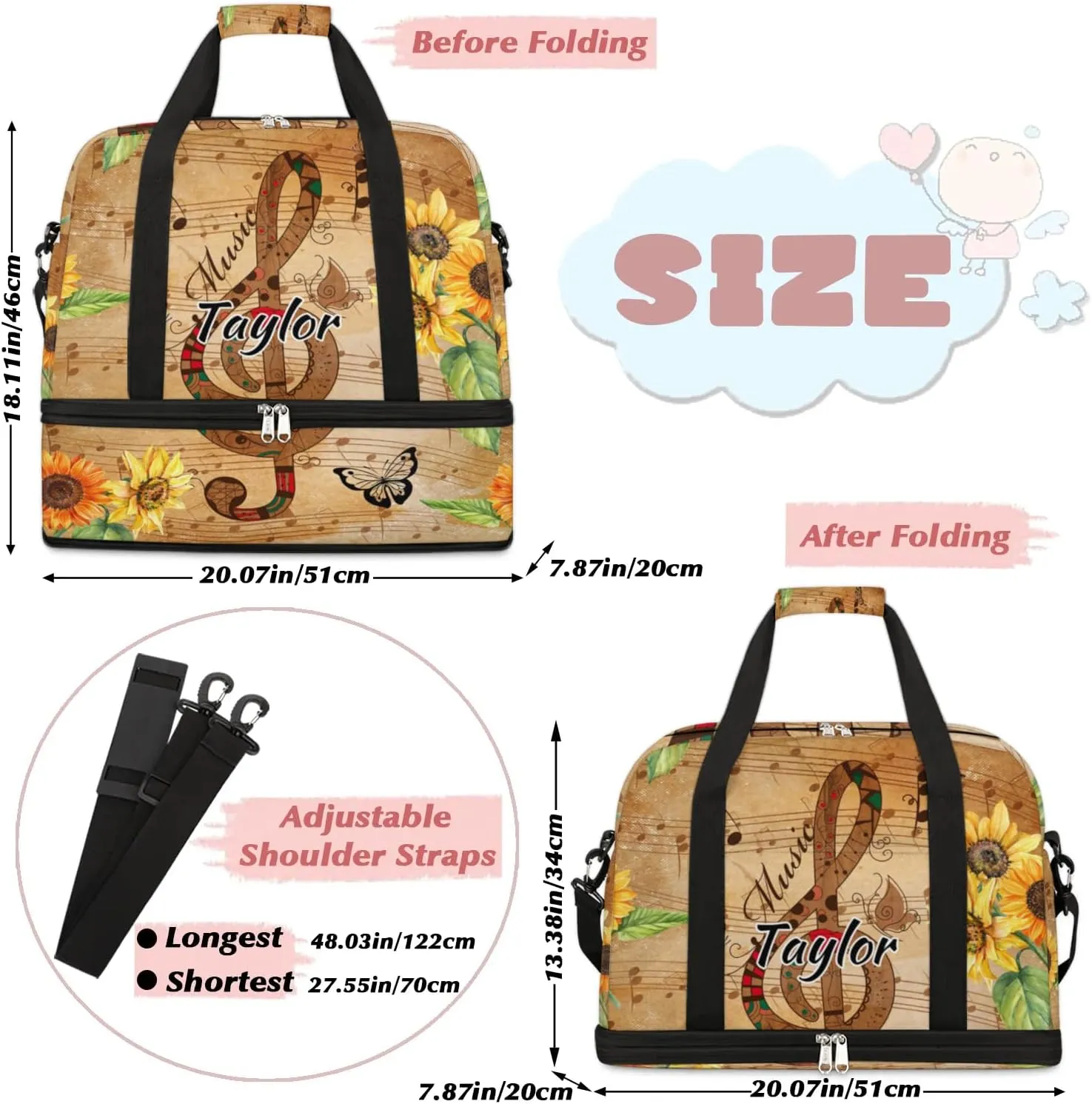 Customized Gym Bag for Women, Personalized Sunflower Travel Duffel Bag with Name, Musical Note Weekender Overnight Bag with Shoes Compartment for Men Travel Yoga