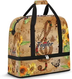 Customized Gym Bag for Women, Personalized Sunflower Travel Duffel Bag with Name, Musical Note Weekender Overnight Bag with Shoes Compartment for Men Travel Yoga