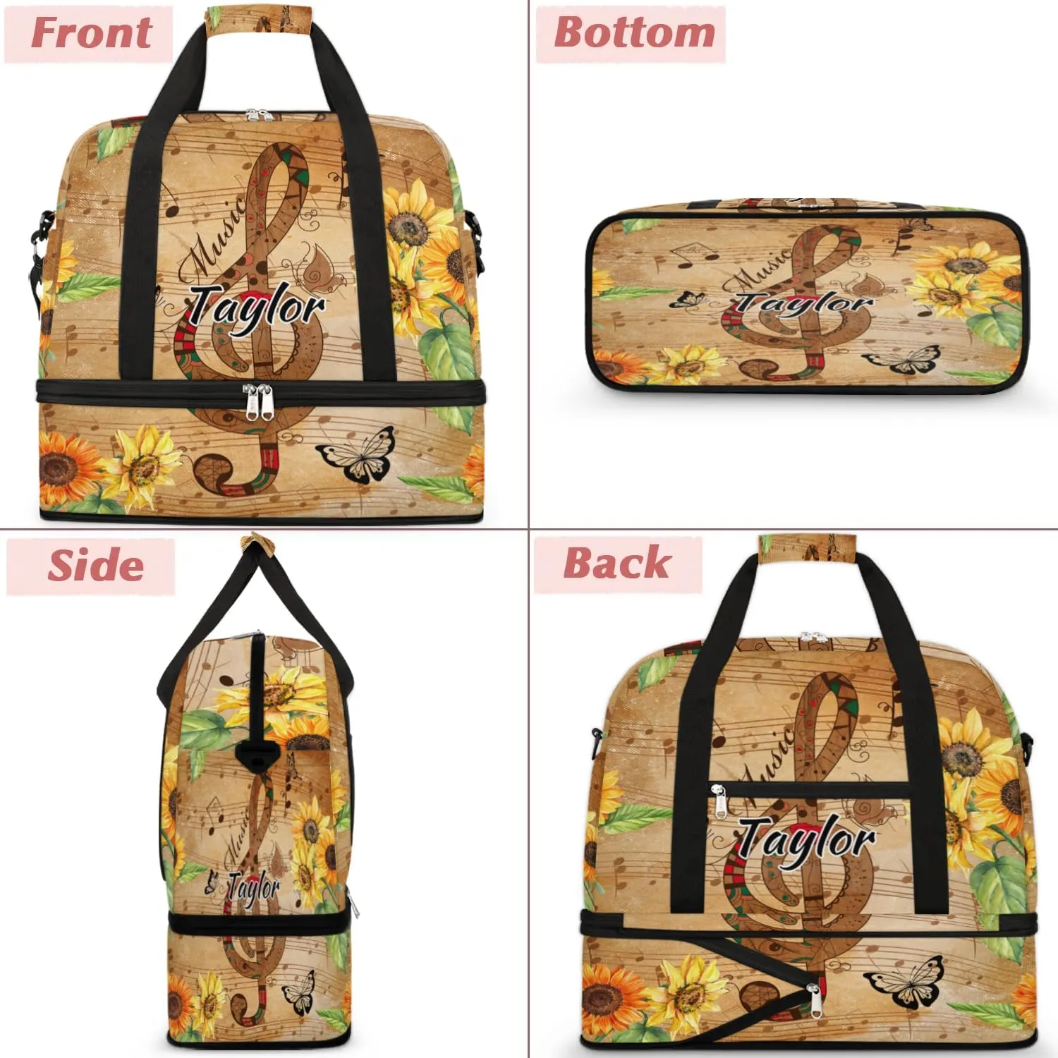 Customized Gym Bag for Women, Personalized Sunflower Travel Duffel Bag with Name, Musical Note Weekender Overnight Bag with Shoes Compartment for Men Travel Yoga
