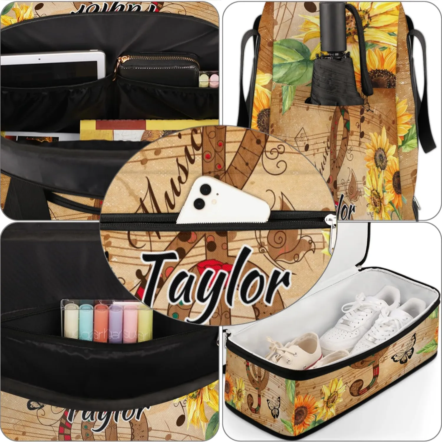 Customized Gym Bag for Women, Personalized Sunflower Travel Duffel Bag with Name, Musical Note Weekender Overnight Bag with Shoes Compartment for Men Travel Yoga