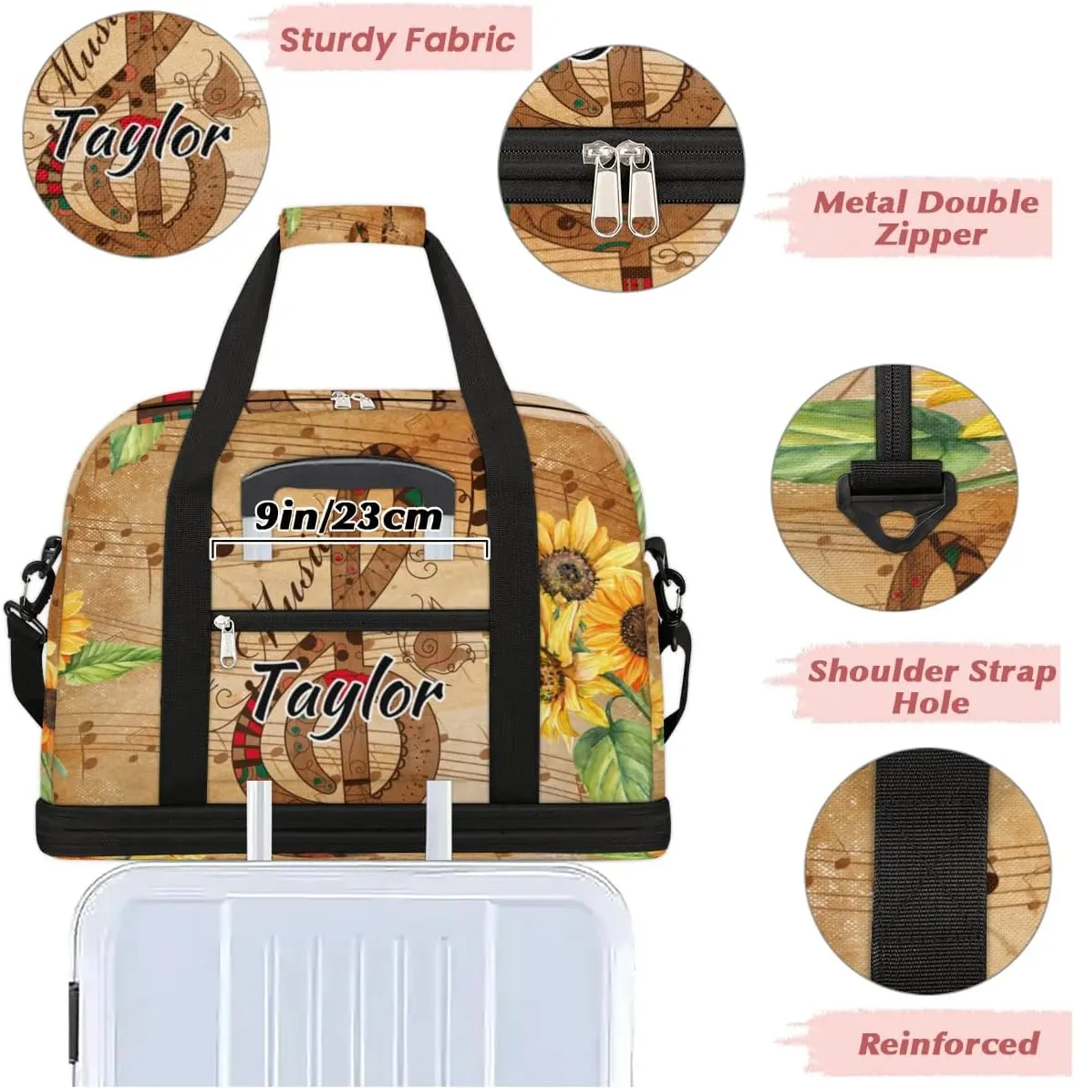 Customized Gym Bag for Women, Personalized Sunflower Travel Duffel Bag with Name, Musical Note Weekender Overnight Bag with Shoes Compartment for Men Travel Yoga