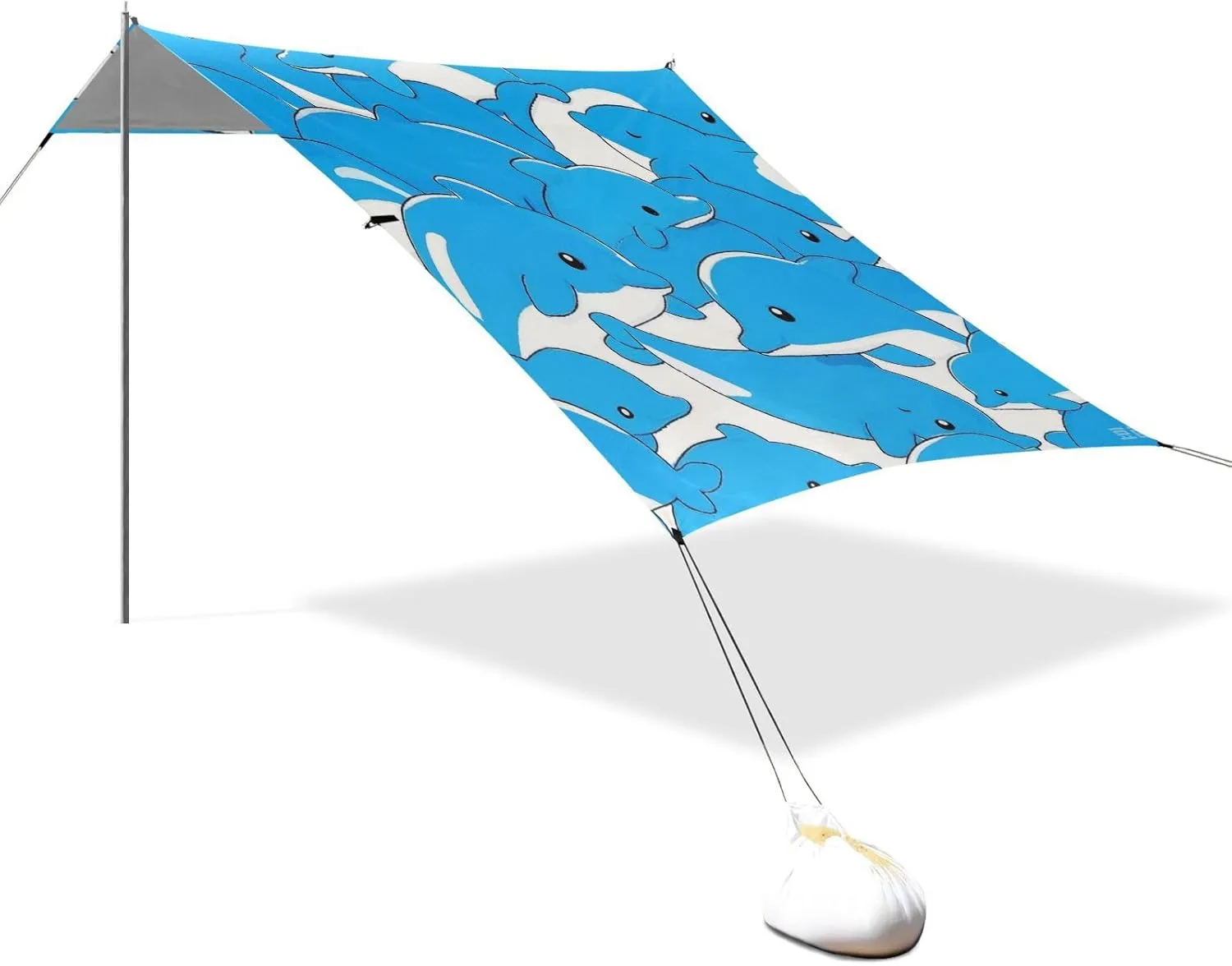 Cute Cartoon Blue Dolphin Designed UPF50  Protection Beach Cabana Tent Easy Setup Large Portable Sun Shelter with Sandbags & Sand Shovel for Camping Trips, Fishing, Backyard Fun or Picnics