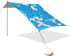 Cute Cartoon Blue Dolphin Designed UPF50  Protection Beach Cabana Tent Easy Setup Large Portable Sun Shelter with Sandbags & Sand Shovel for Camping Trips, Fishing, Backyard Fun or Picnics