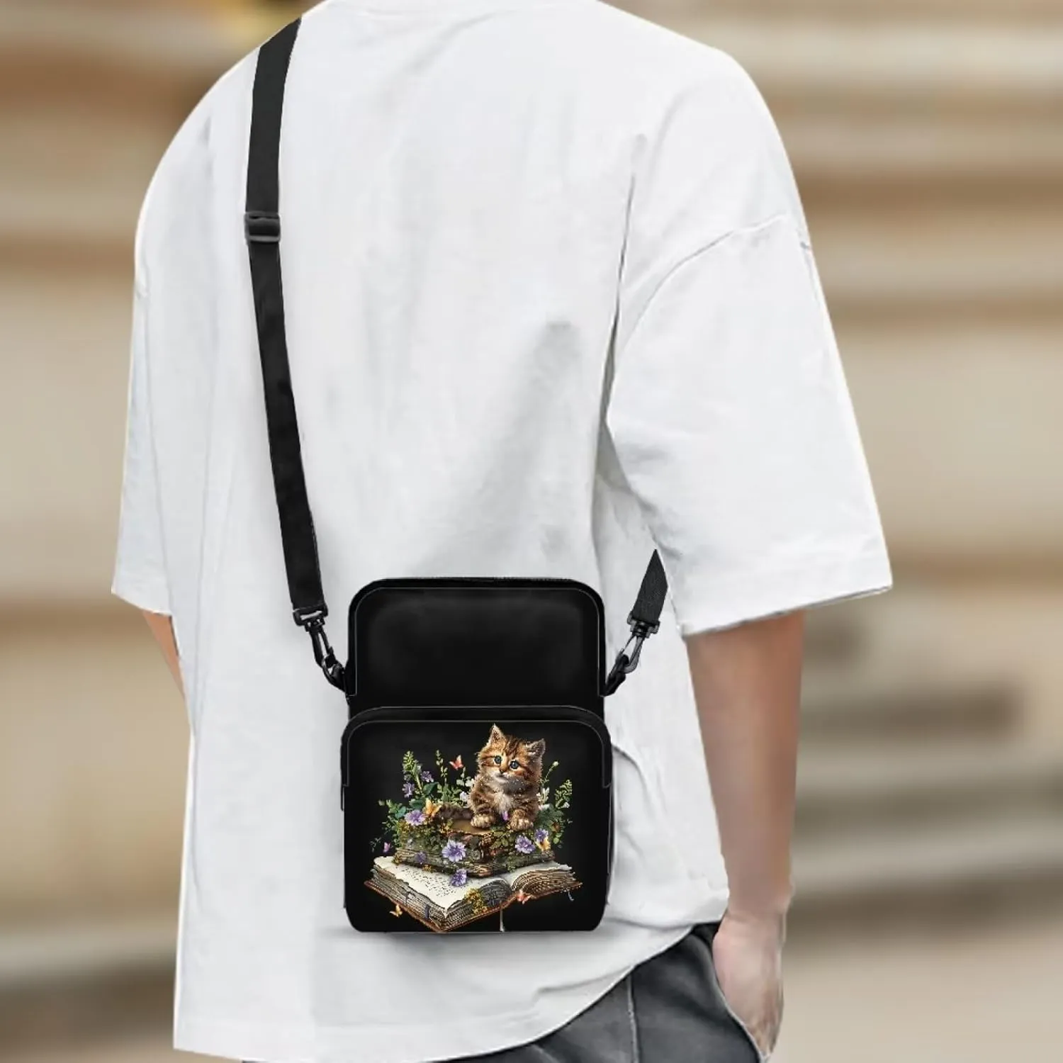 Cute Cat Books Purple Flowers Butterflies Messenger Bag for Men Women, Cross Body Bag Shoulder Sling Bags Wristband Sport Armband Wallet Bag Purse, Black