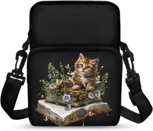 Cute Cat Books Purple Flowers Butterflies Messenger Bag for Men Women, Cross Body Bag Shoulder Sling Bags Wristband Sport Armband Wallet Bag Purse, Black
