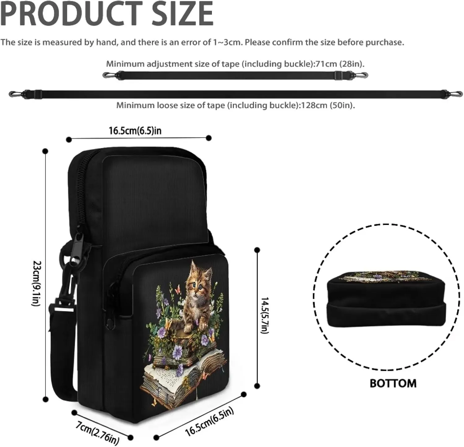 Cute Cat Books Purple Flowers Butterflies Messenger Bag for Men Women, Cross Body Bag Shoulder Sling Bags Wristband Sport Armband Wallet Bag Purse, Black