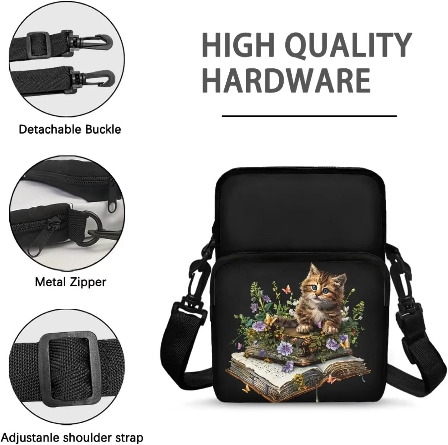 Cute Cat Books Purple Flowers Butterflies Messenger Bag for Men Women, Cross Body Bag Shoulder Sling Bags Wristband Sport Armband Wallet Bag Purse, Black