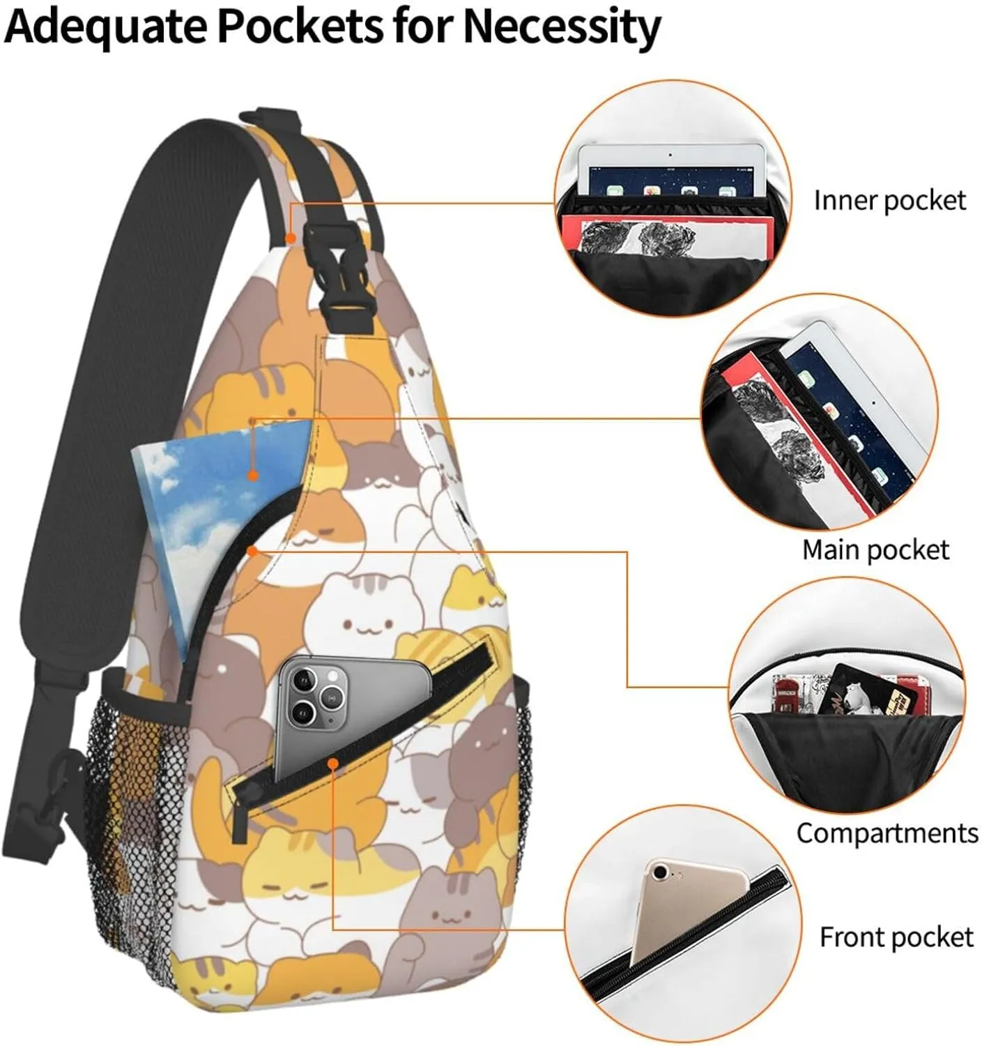 Cute Cats Crossbody Sling Backpack Sling Bag Adjustable Chest Shoulder Daypack For Women Men