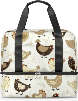 Cute Chicken Travel Bag Double Tier Zip Closure Weekender Bag with Leather Handle Waterproof Sports Tote Gym Bag for Swim Beach Gym Yoga