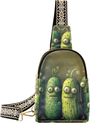 Cute Cucumbers Print Women Sling Bag with Adjustable Strap Zipper Closure, PU Leather Water Resistant Crossbody Bag Purse Chest Bag