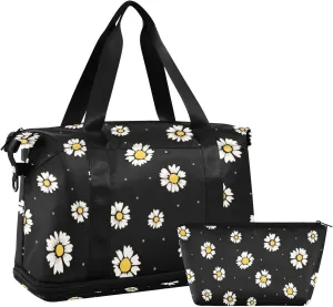 Cute Daisy Gym Bag for Women Sport Travel Duffel Bag Shoulder Weekender Overnight Bags with Wet Pocket & Shoe Compartment