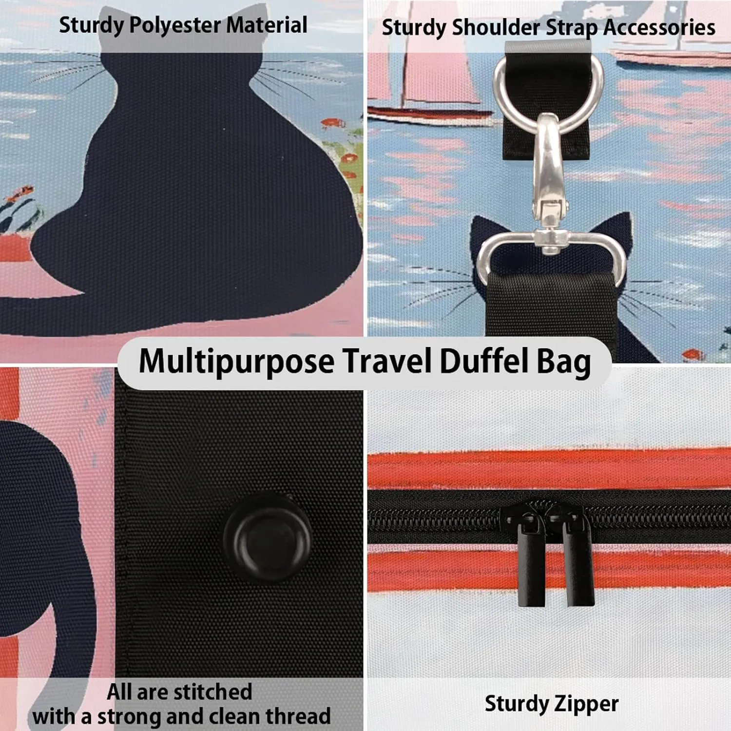 Cute Duffle Bag for Travel, Overnight Weekend Gym Carry On Luggage Bag, Black Cat Travel Duffel Bag for Men Women