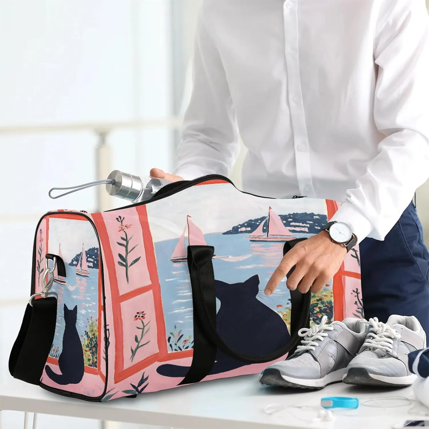 Cute Duffle Bag for Travel, Overnight Weekend Gym Carry On Luggage Bag, Black Cat Travel Duffel Bag for Men Women