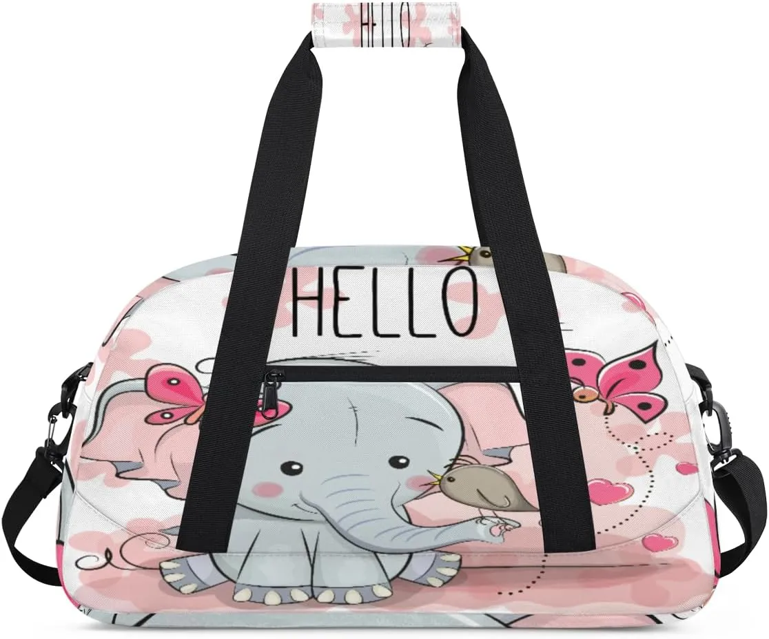 Cute Elephant Gym Duffel Bag for Men Women Cartoon Butterfly Sports Tote Bag with Adjustable Shoulder Strap for Dance Gymnastics Traveling Outdoor Camping Overnight Stay