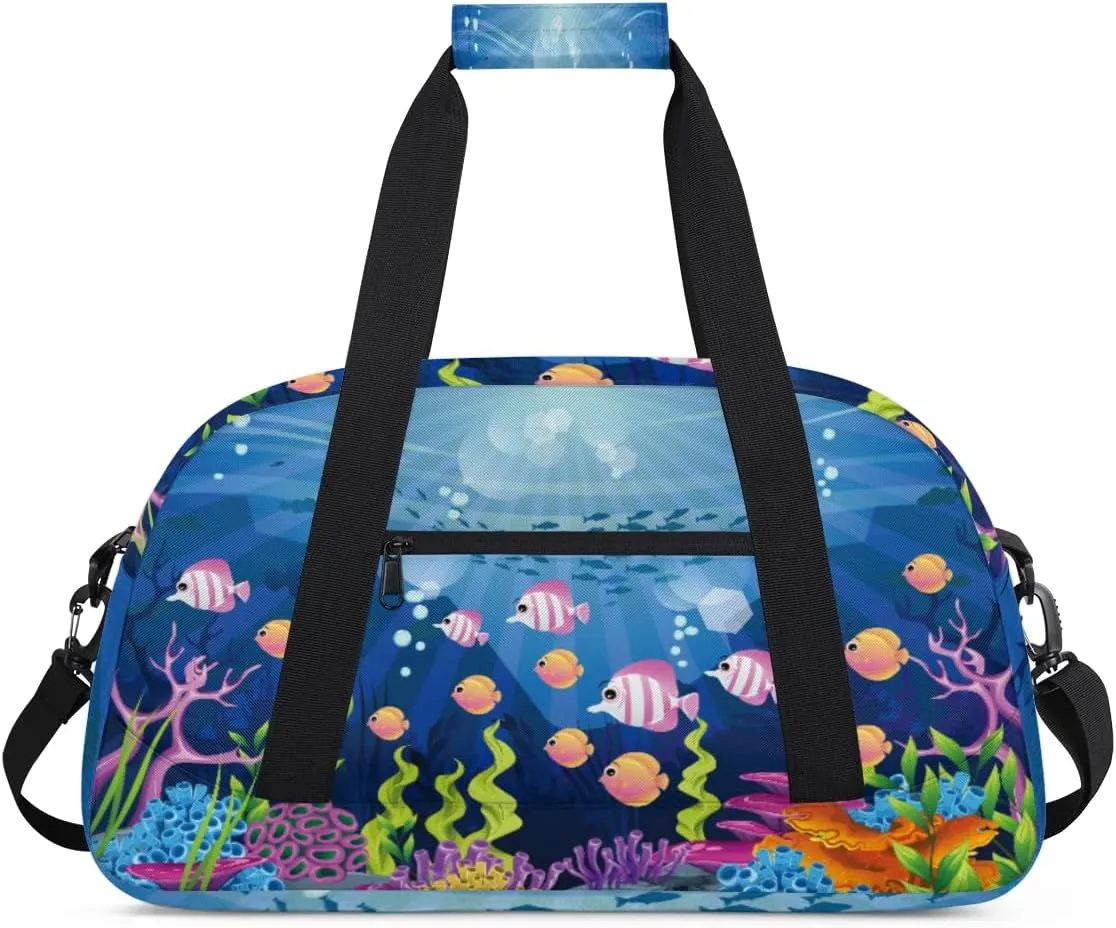 Cute Fish Gym Duffel Bag for Men Women Underwater World Sports Tote Bag with Adjustable Shoulder Strap for Dance Gymnastics Traveling Outdoor Camping Overnight Stay