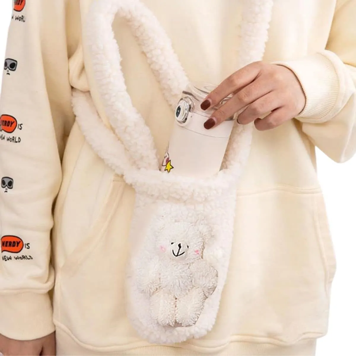 Cute Furry Water Bottle Pouch - Soft Plush Carrier With Shoulder Strap for Sports, Gym, Hiking, Camping, Walking [Bear2]