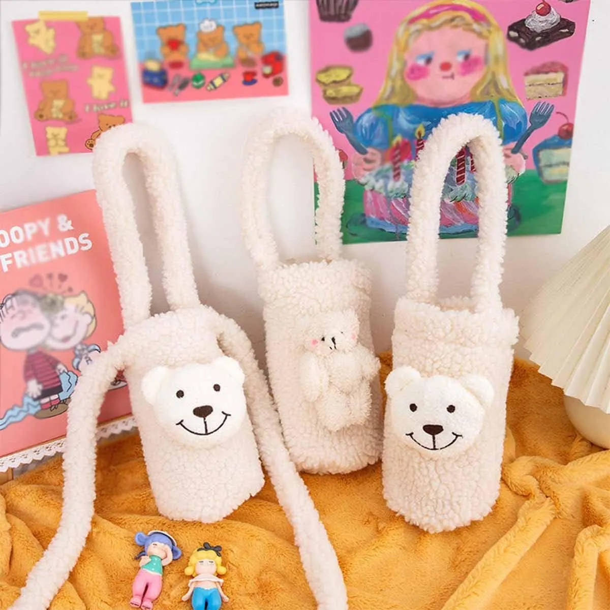 Cute Furry Water Bottle Pouch - Soft Plush Carrier With Shoulder Strap for Sports, Gym, Hiking, Camping, Walking [Bear2]