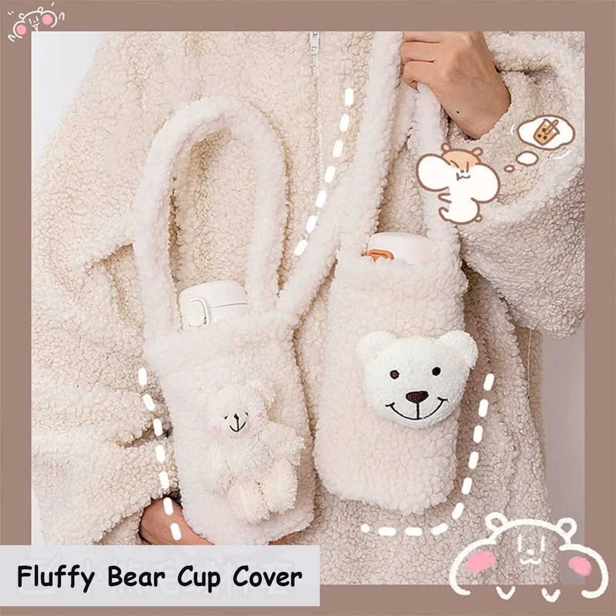 Cute Furry Water Bottle Pouch - Soft Plush Carrier With Shoulder Strap for Sports, Gym, Hiking, Camping, Walking [Bear2]