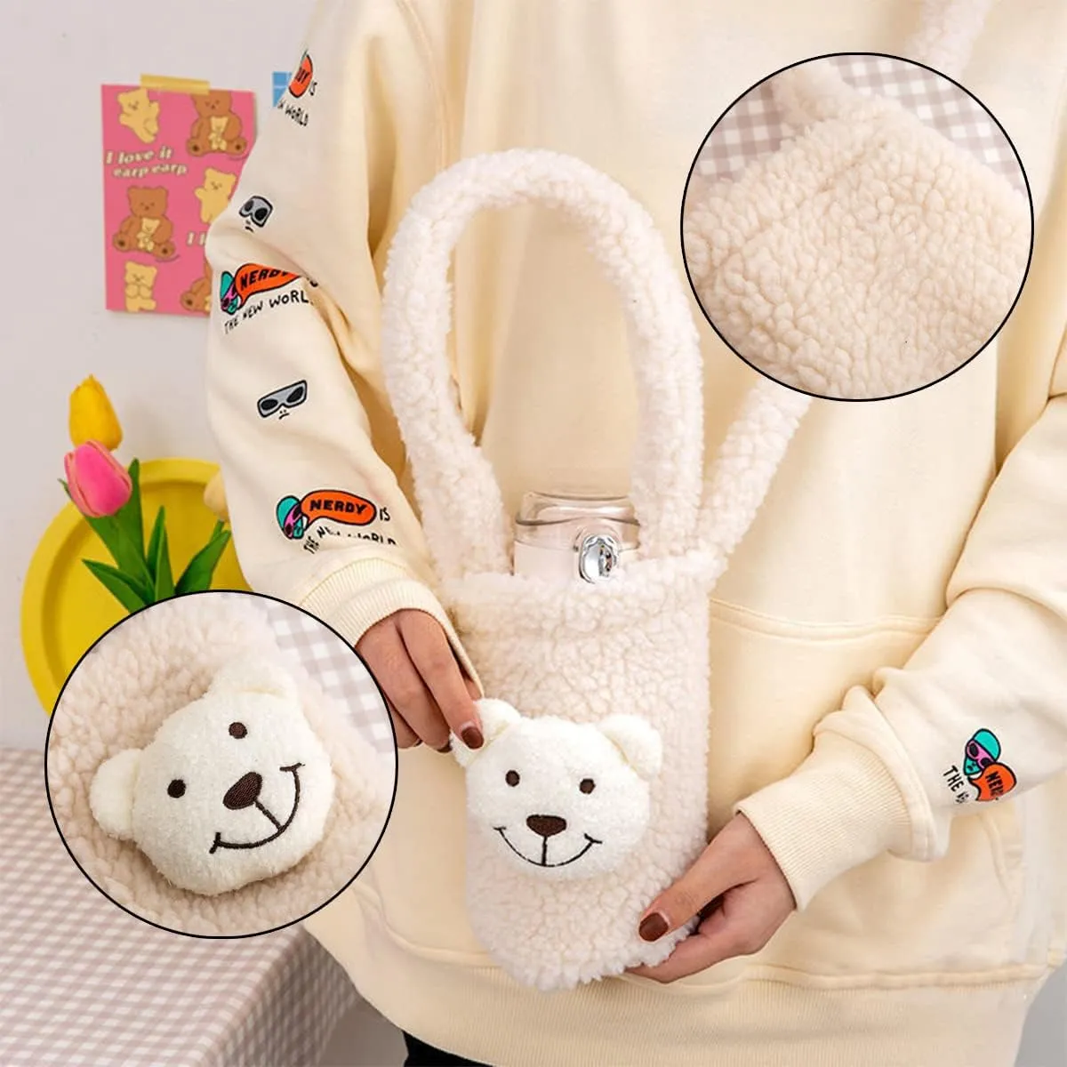 Cute Furry Water Bottle Pouch - Soft Plush Carrier With Shoulder Strap for Sports, Gym, Hiking, Camping, Walking [Bear2]