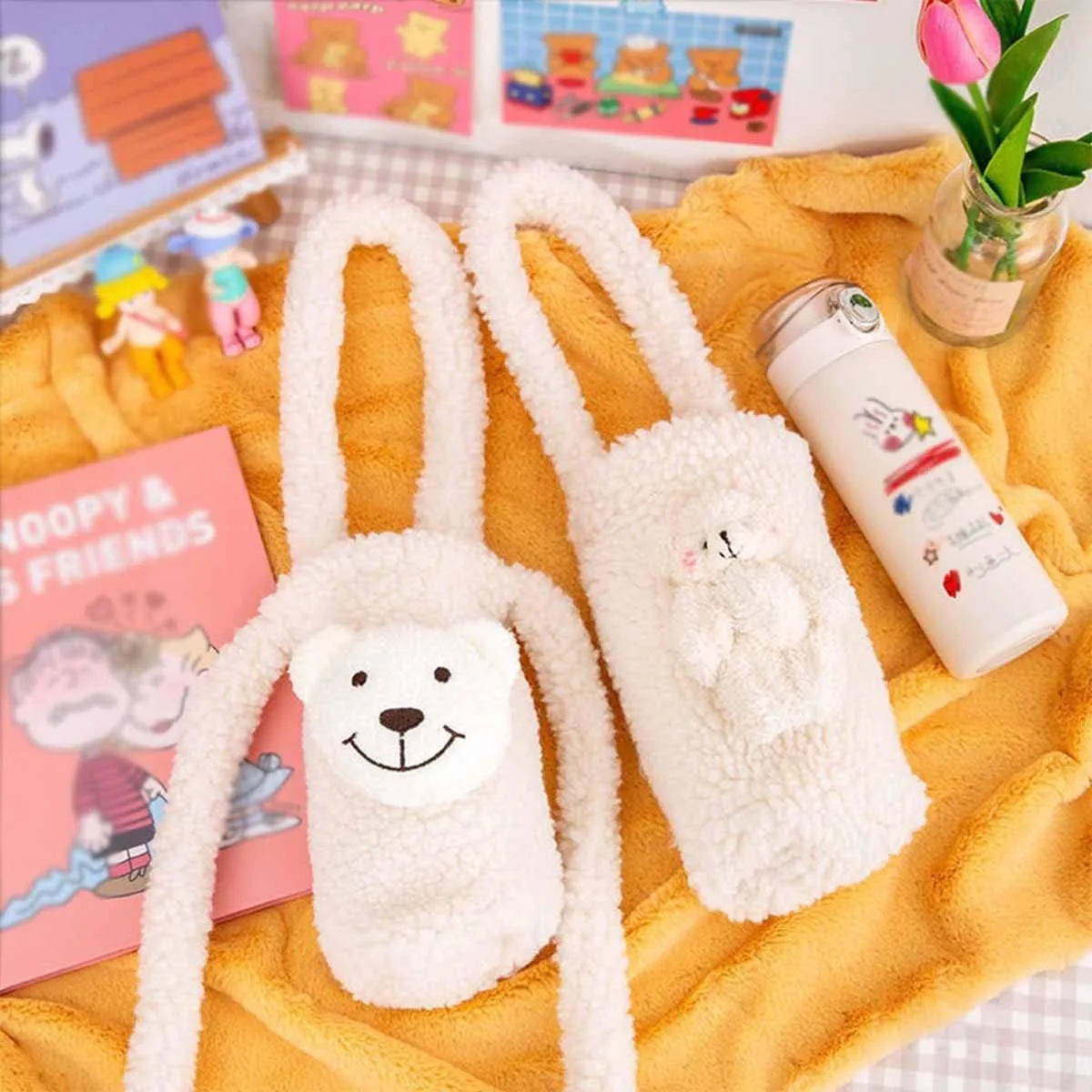 Cute Furry Water Bottle Pouch - Soft Plush Carrier With Shoulder Strap for Sports, Gym, Hiking, Camping, Walking [Bear2]