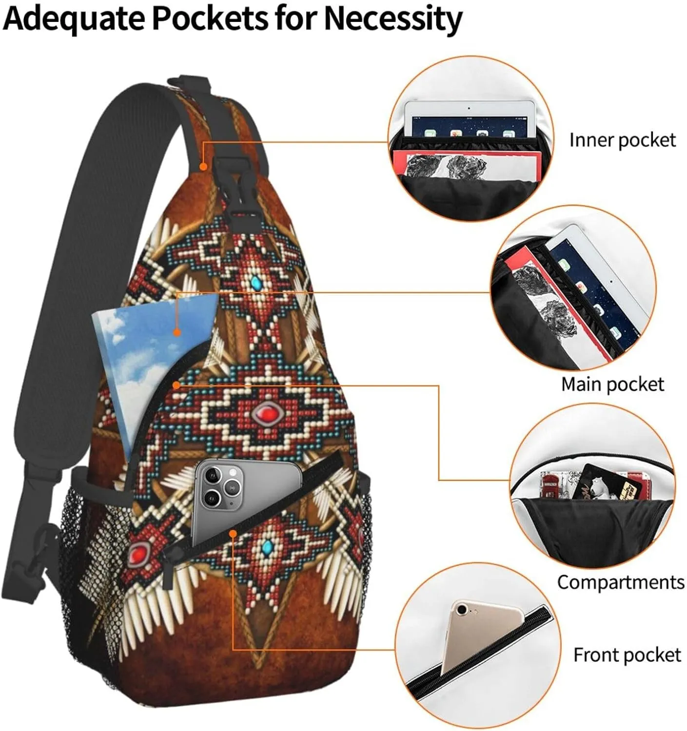 Cute Native American Sling Backpack, Multipurpose Crossbody Shoulder Bag Indian Chest Bag Travel Hiking Daypack