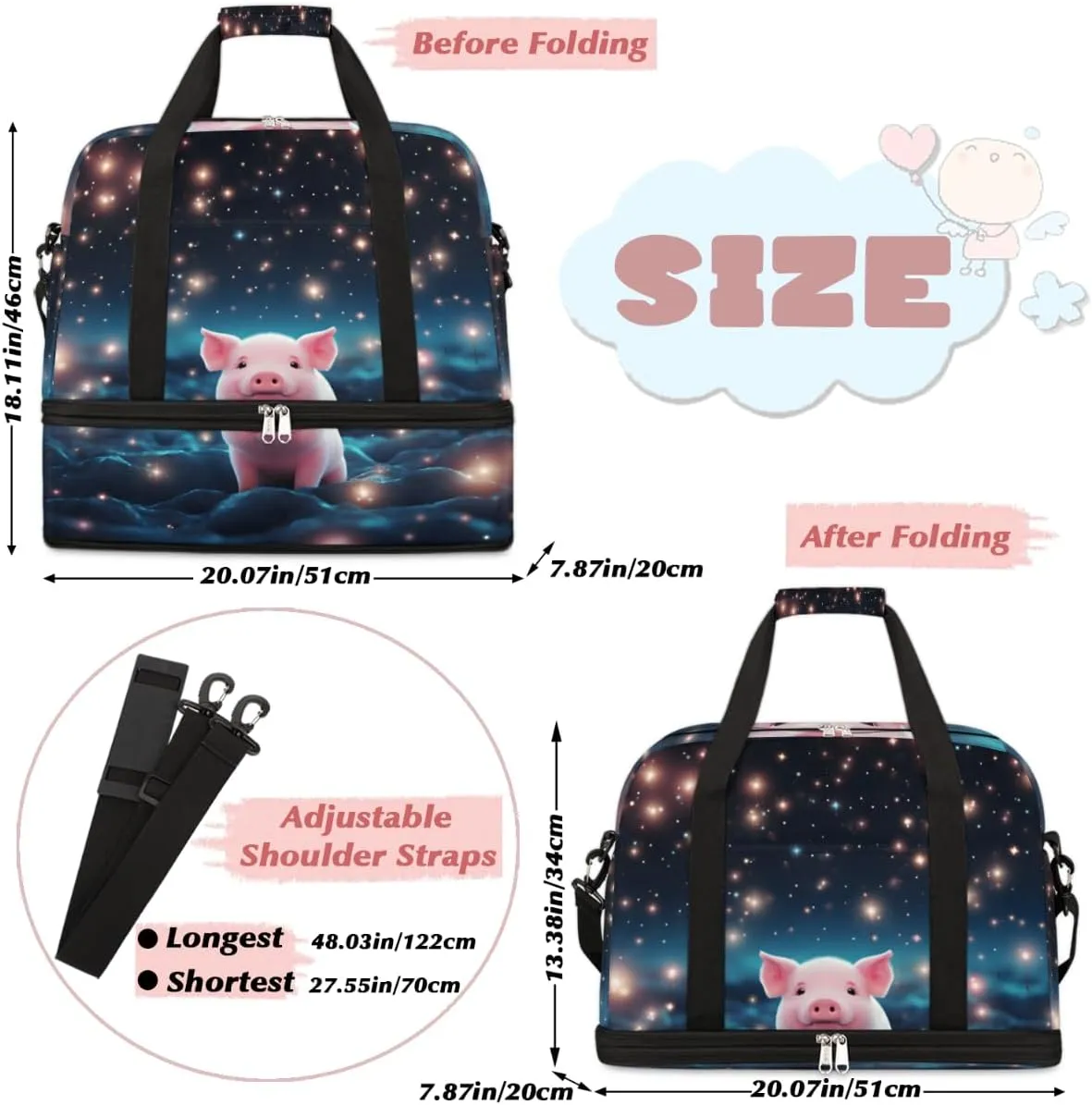 Cute Pig Foldable Travel Duffel Bag Overnight Weekender Bag with Shoes Compartment Sports Gym Bag for Men Women