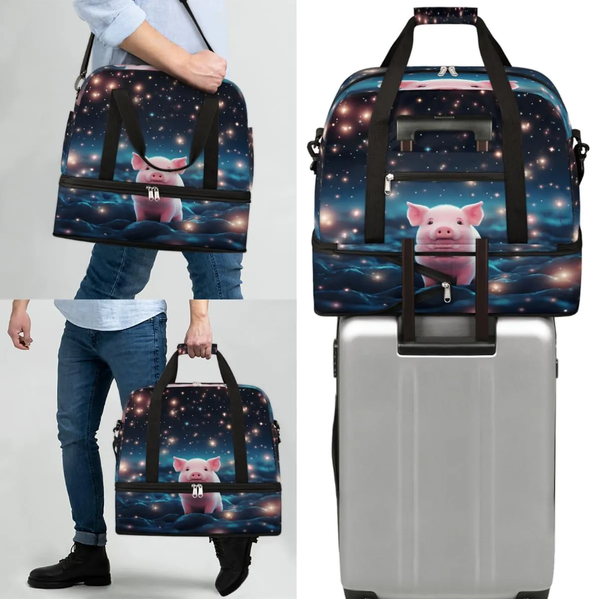 Cute Pig Foldable Travel Duffel Bag Overnight Weekender Bag with Shoes Compartment Sports Gym Bag for Men Women
