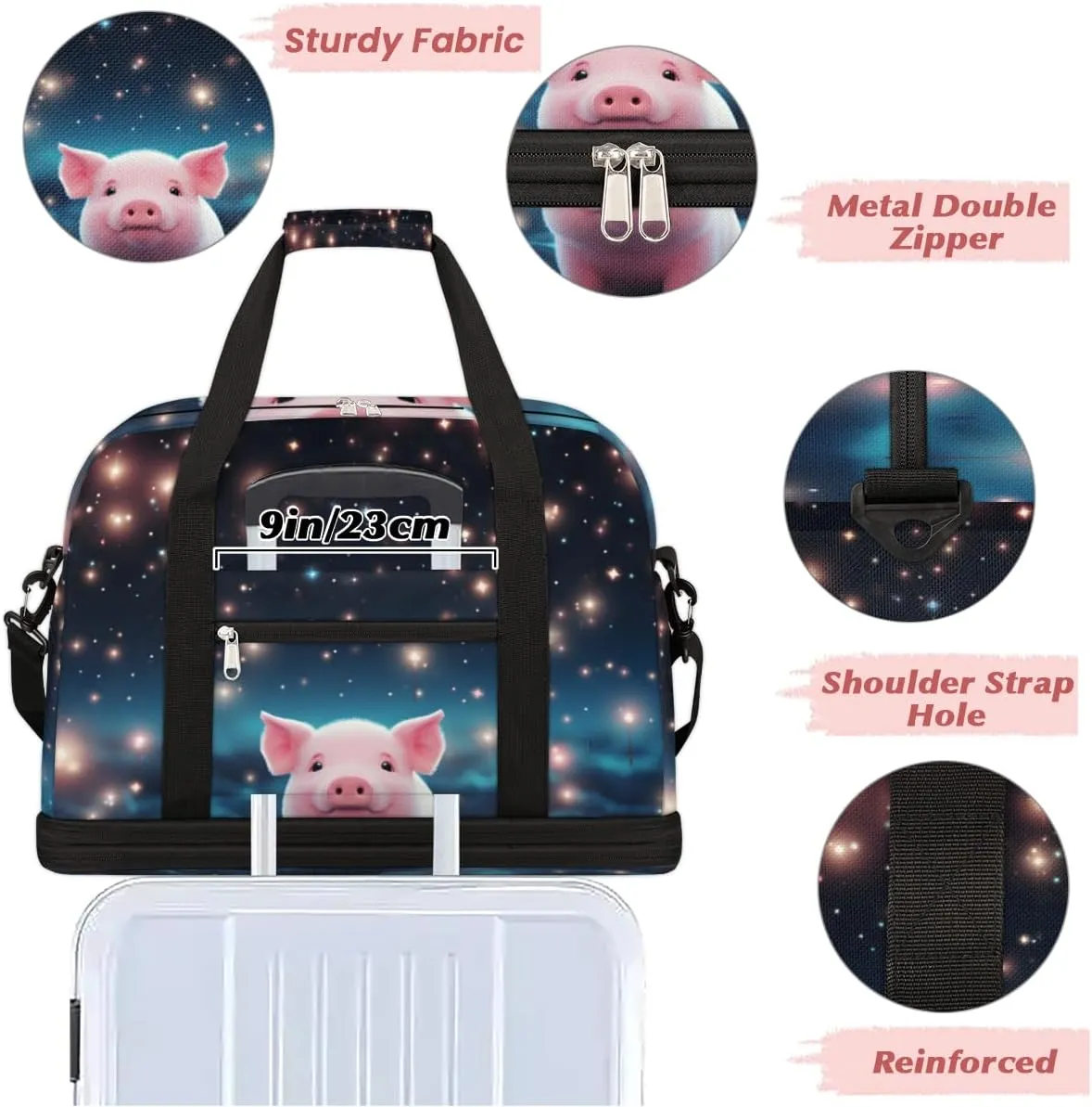 Cute Pig Foldable Travel Duffel Bag Overnight Weekender Bag with Shoes Compartment Sports Gym Bag for Men Women