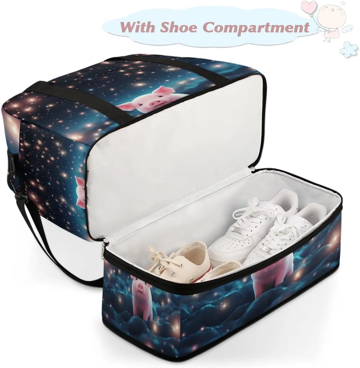 Cute Pig Foldable Travel Duffel Bag Overnight Weekender Bag with Shoes Compartment Sports Gym Bag for Men Women