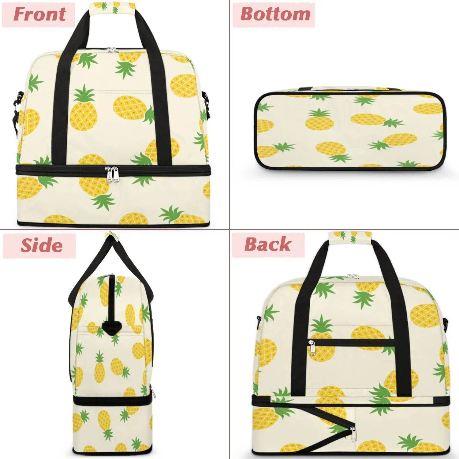 Cute Pineapples Sports Gym Bag with Shoes Compartment Foldable Travel Duffel Bag Dry Wet Separated Sports Tote Workout Weekender Overnight Bag for Women Yoga Dance Work Training Handbag