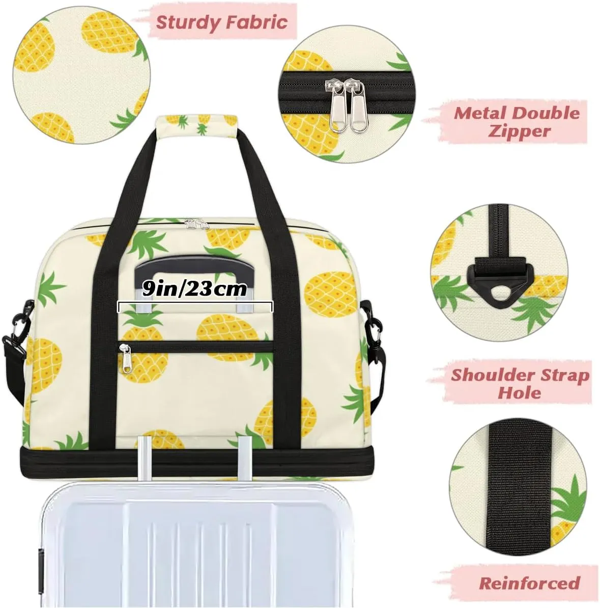 Cute Pineapples Sports Gym Bag with Shoes Compartment Foldable Travel Duffel Bag Dry Wet Separated Sports Tote Workout Weekender Overnight Bag for Women Yoga Dance Work Training Handbag