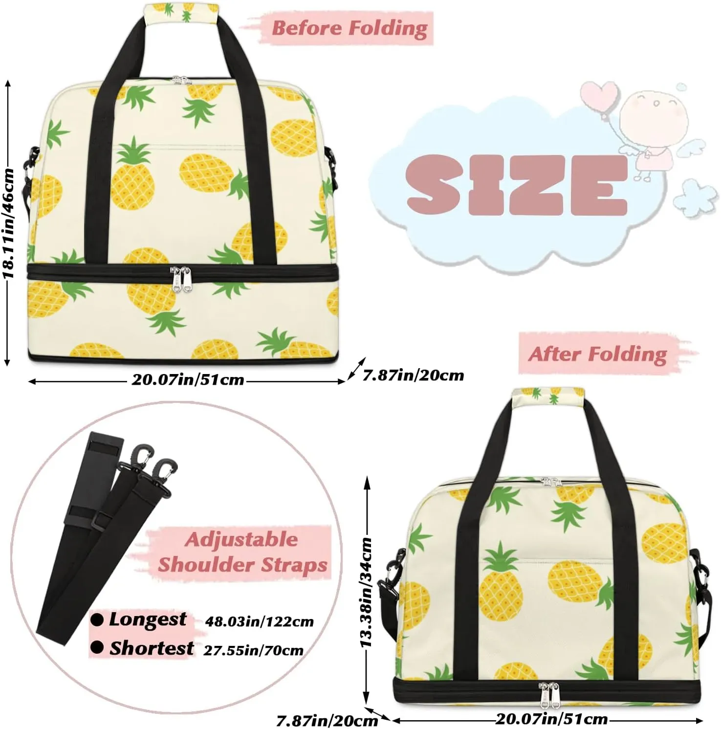 Cute Pineapples Sports Gym Bag with Shoes Compartment Foldable Travel Duffel Bag Dry Wet Separated Sports Tote Workout Weekender Overnight Bag for Women Yoga Dance Work Training Handbag