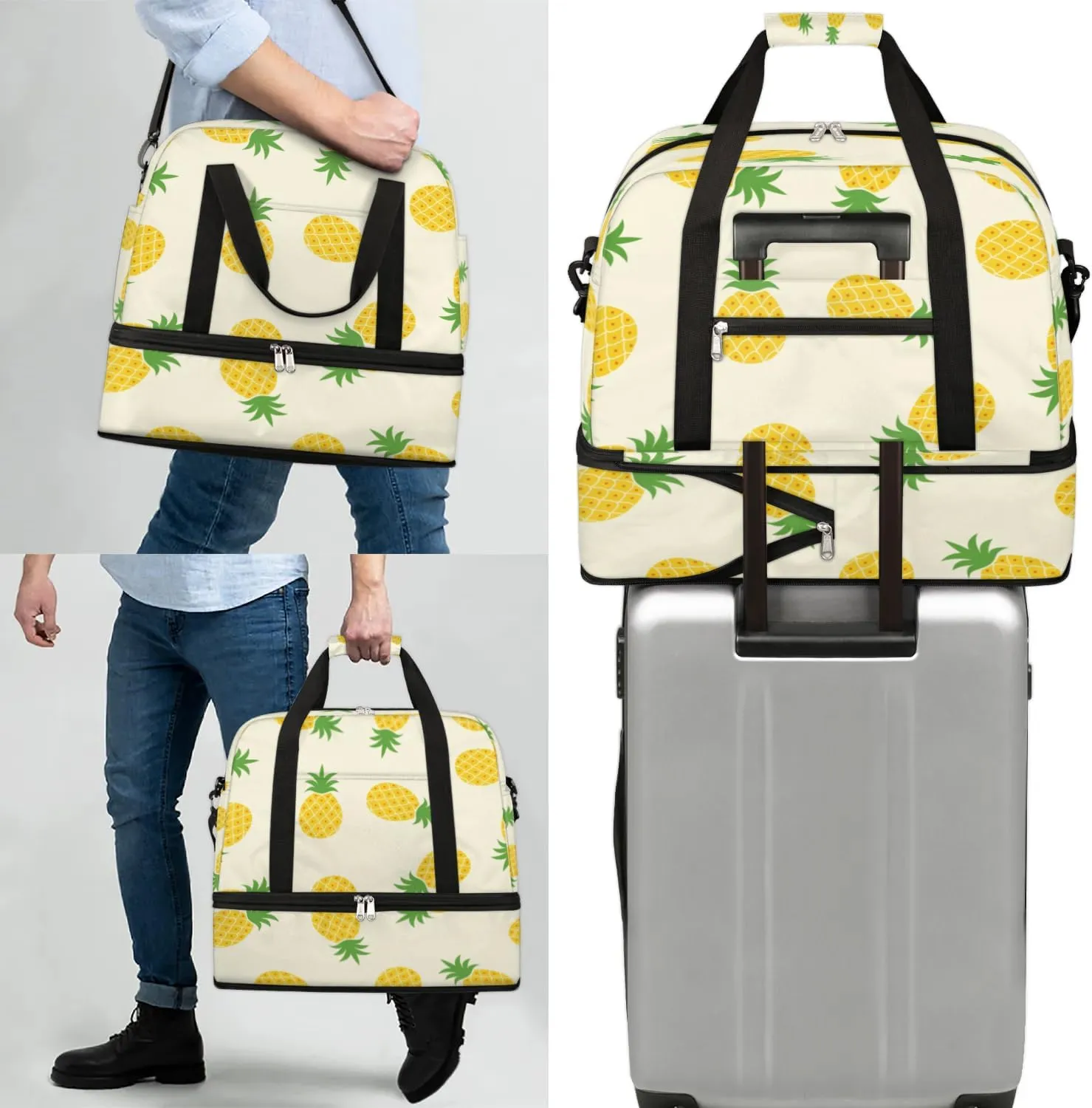 Cute Pineapples Sports Gym Bag with Shoes Compartment Foldable Travel Duffel Bag Dry Wet Separated Sports Tote Workout Weekender Overnight Bag for Women Yoga Dance Work Training Handbag