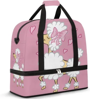 Cute Poodle Puppy Pink Heart Foldable Travel Duffel Bag Tote Carry On Luggage Sports Gym Bag With Shoe Compartment For Woman Man Overnight Weekend Yoga Workout Bag Training Handbag