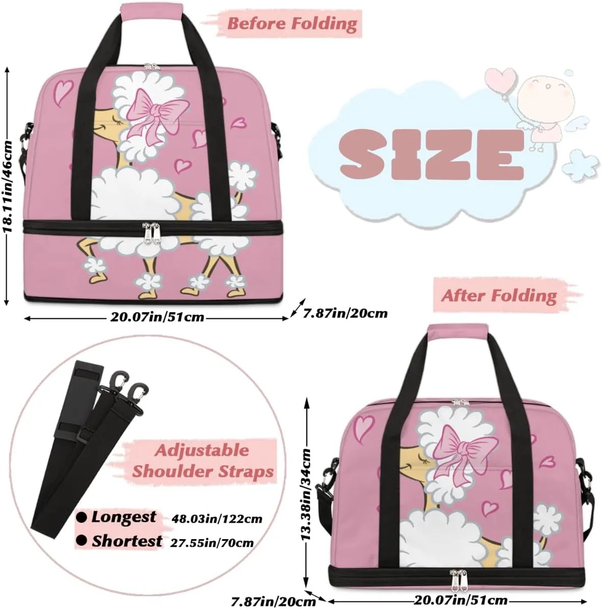 Cute Poodle Puppy Pink Heart Foldable Travel Duffel Bag Tote Carry On Luggage Sports Gym Bag With Shoe Compartment For Woman Man Overnight Weekend Yoga Workout Bag Training Handbag