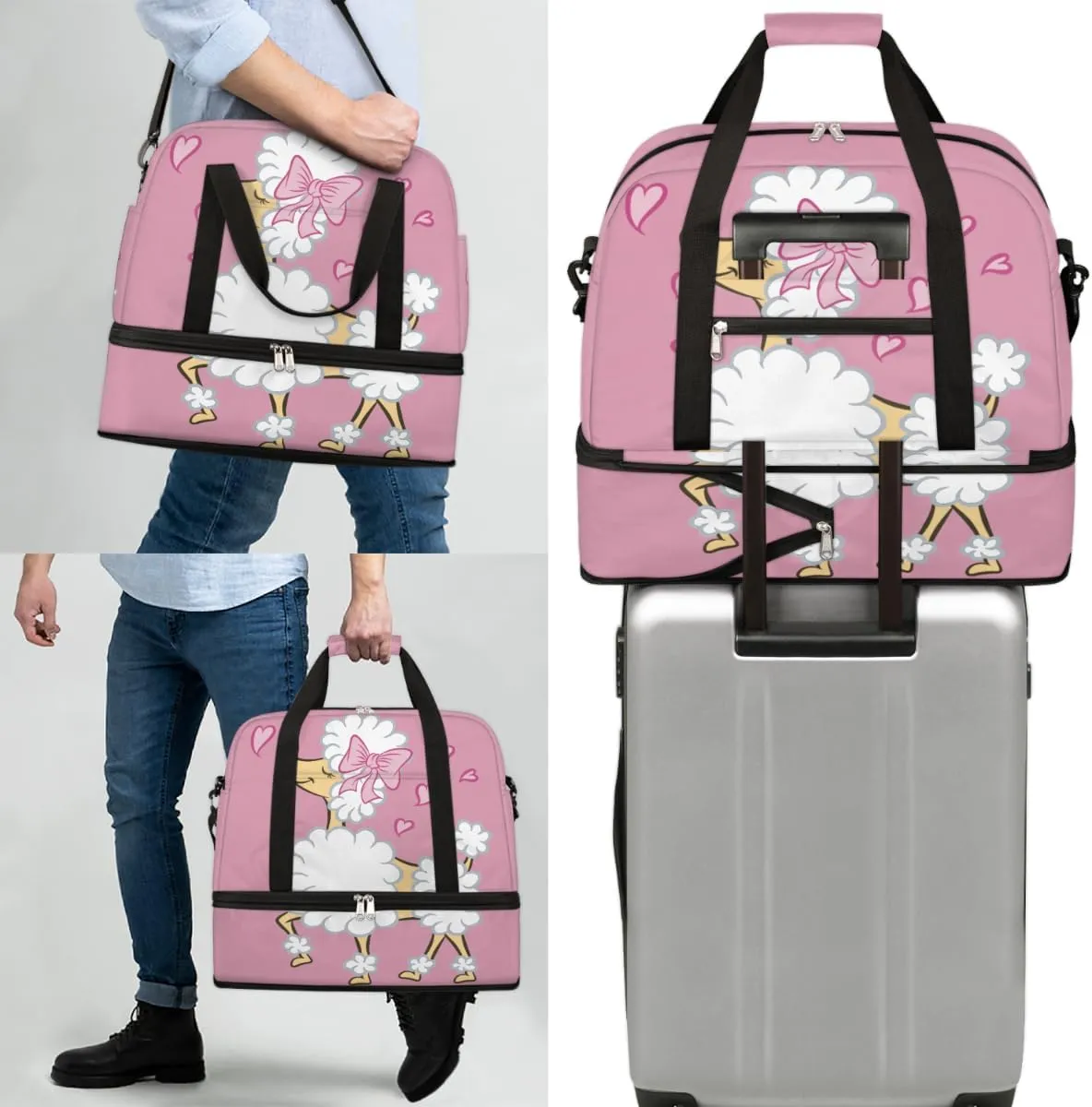 Cute Poodle Puppy Pink Heart Foldable Travel Duffel Bag Tote Carry On Luggage Sports Gym Bag With Shoe Compartment For Woman Man Overnight Weekend Yoga Workout Bag Training Handbag