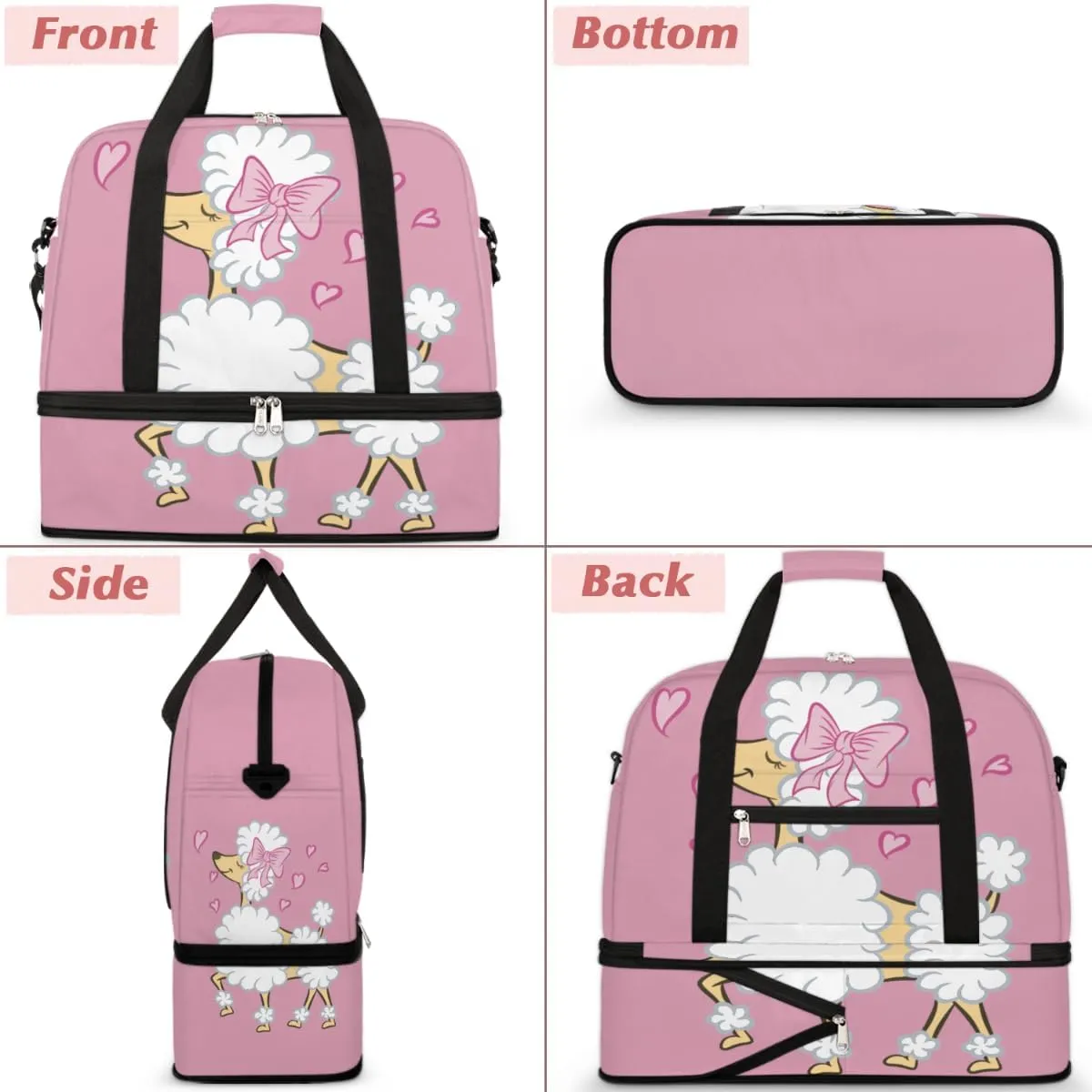 Cute Poodle Puppy Pink Heart Foldable Travel Duffel Bag Tote Carry On Luggage Sports Gym Bag With Shoe Compartment For Woman Man Overnight Weekend Yoga Workout Bag Training Handbag