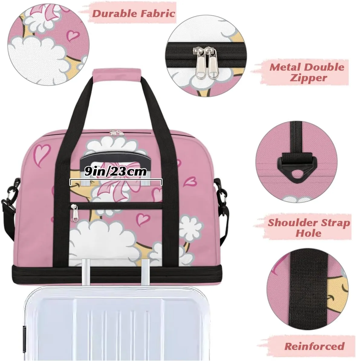 Cute Poodle Puppy Pink Heart Foldable Travel Duffel Bag Tote Carry On Luggage Sports Gym Bag With Shoe Compartment For Woman Man Overnight Weekend Yoga Workout Bag Training Handbag