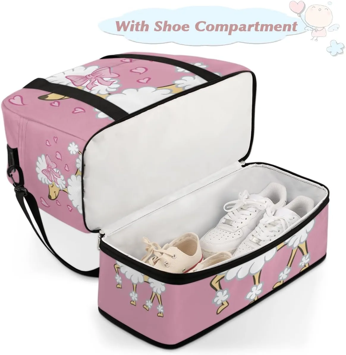 Cute Poodle Puppy Pink Heart Foldable Travel Duffel Bag Tote Carry On Luggage Sports Gym Bag With Shoe Compartment For Woman Man Overnight Weekend Yoga Workout Bag Training Handbag