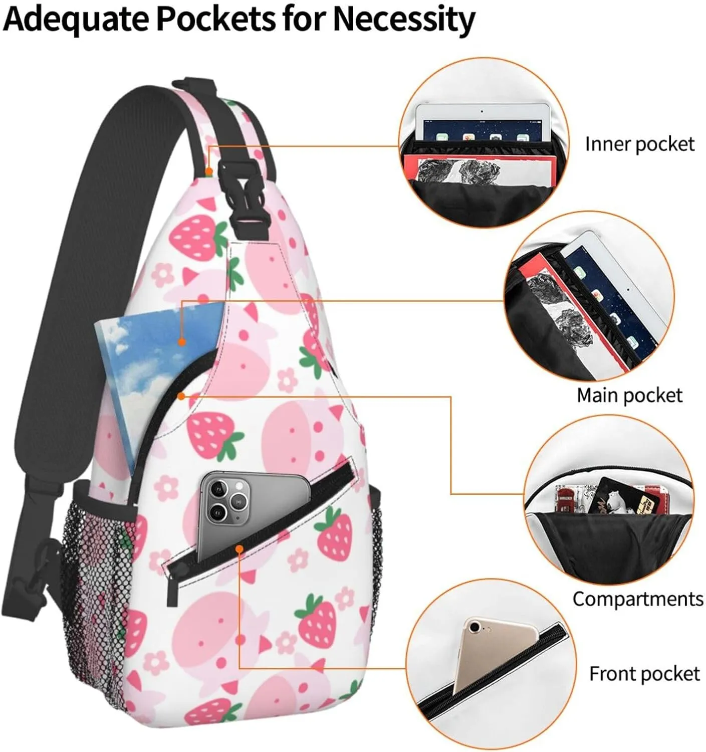 Cute Strawberry Cow Crossbody Sling Backpack Sling Bag Adjustable Chest Shoulder Daypack For Women Men