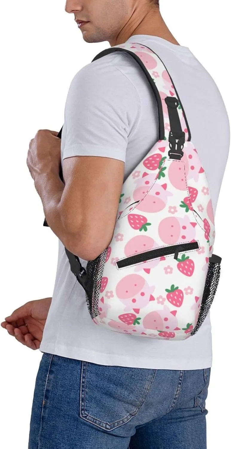 Cute Strawberry Cow Crossbody Sling Backpack Sling Bag Adjustable Chest Shoulder Daypack For Women Men