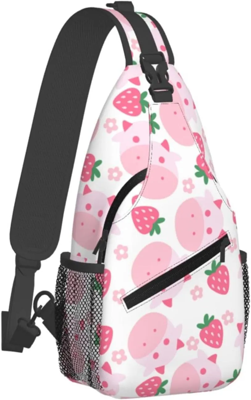 Cute Strawberry Cow Crossbody Sling Backpack Sling Bag Adjustable Chest Shoulder Daypack For Women Men
