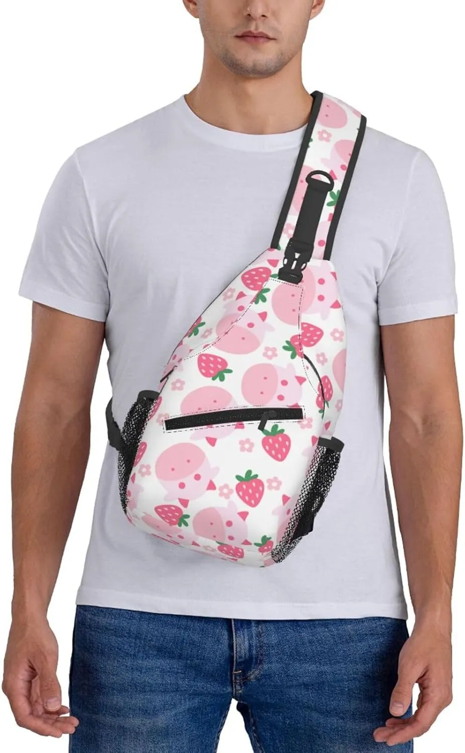 Cute Strawberry Cow Crossbody Sling Backpack Sling Bag Adjustable Chest Shoulder Daypack For Women Men