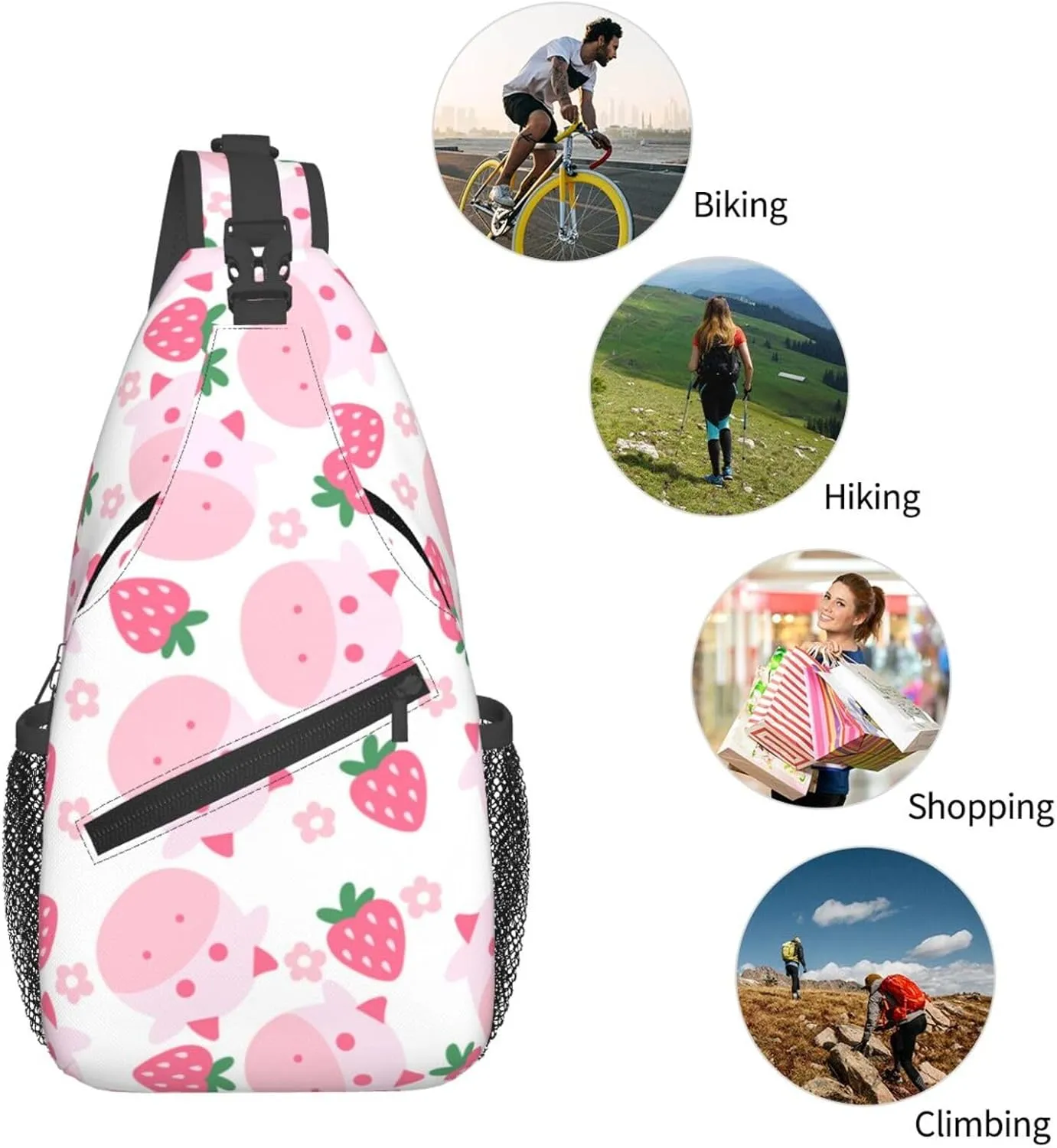 Cute Strawberry Cow Crossbody Sling Backpack Sling Bag Adjustable Chest Shoulder Daypack For Women Men
