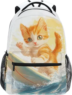 Cute Surfing Cat School Kids Backpack for Boys Girls Laptop Backpack Lightweight Travel Bag for Women Men